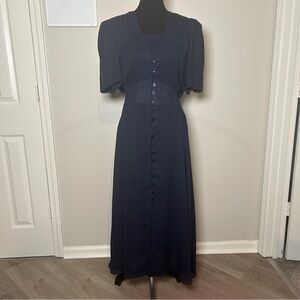 Vintage 90s Navy Button Front Dress Embroidered Waist Lightweight